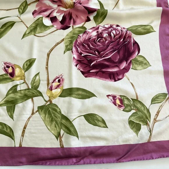 Square Scarf Women's Silk Satin Floral Hand-stitched 33" - Picture 5 of 10